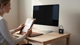 A person at a desk reviewing security tips beside a computer, representing safe computing habits and virus protection.