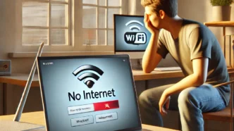 Confused user troubleshooting 'No Internet' error on a Windows laptop with visible router and Ethernet cables in a modern home office.