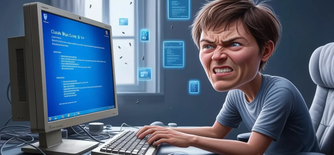 Frustrated PC user facing Blue Screen of Death error on Windows computer with diagnostic symbols and a recovery-focused atmosphere