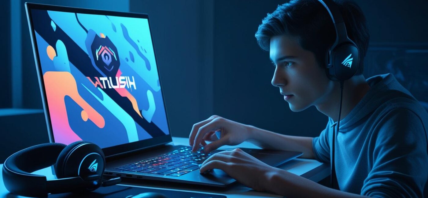 Gamer at desk adjusting computer settings with headset nearby, preparing for smooth gameplay on a desktop or laptop.